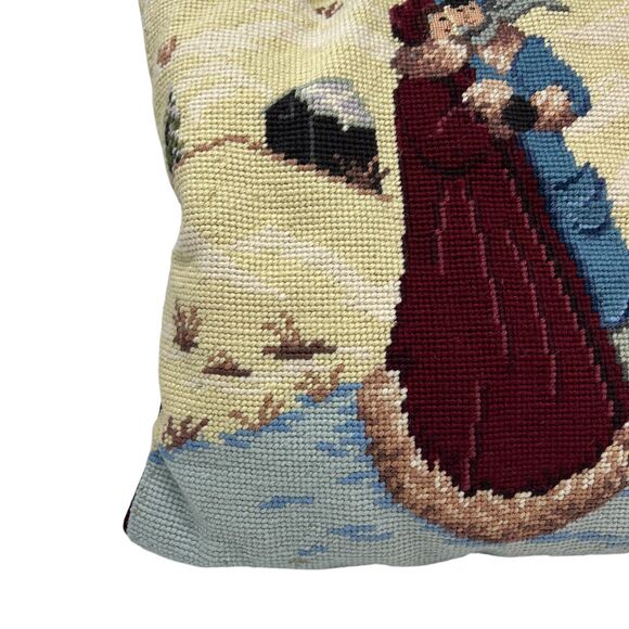 Needlepoint Winter Scene Throw Pillow 2 People Winter Coats Snowy Tree Cabin - Picture 6 of 16